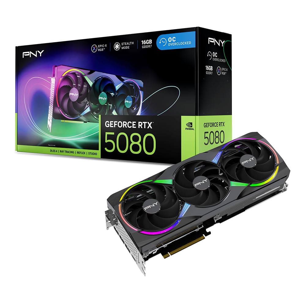 PNY NVIDIA GeForce RTX™ 5080 Epic-X™ ARGB OC Triple ventilador, tarjeta gráfica (16 GB GDDR7, 256 bits, velocidad de impulso: 2775 MHz, PCIe® 5.0, HDMI®/DP 2.1, ranura 2.99, arquitectura NVIDIA Blackwell, DLSS 4)