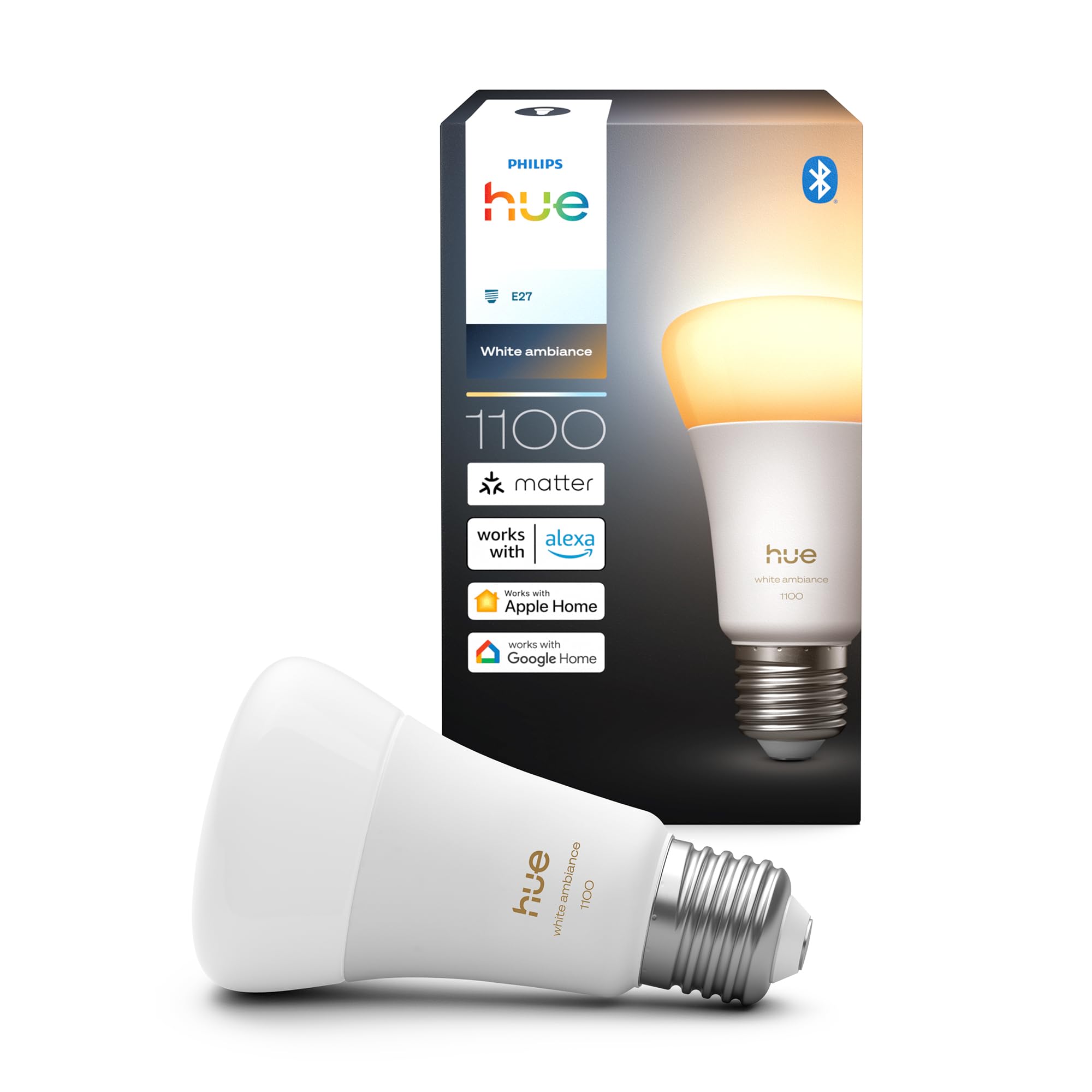 Philips Hue A60 LED Bulb, White Ambiance, E27 Base, 8.1W, Full Spectrum Smart Lighting 1000K-20000K, 1100 Lumens, Dimmable Smart Bulb, Works with Alexa, Google Assistant, and Apple Home, 1 Pack