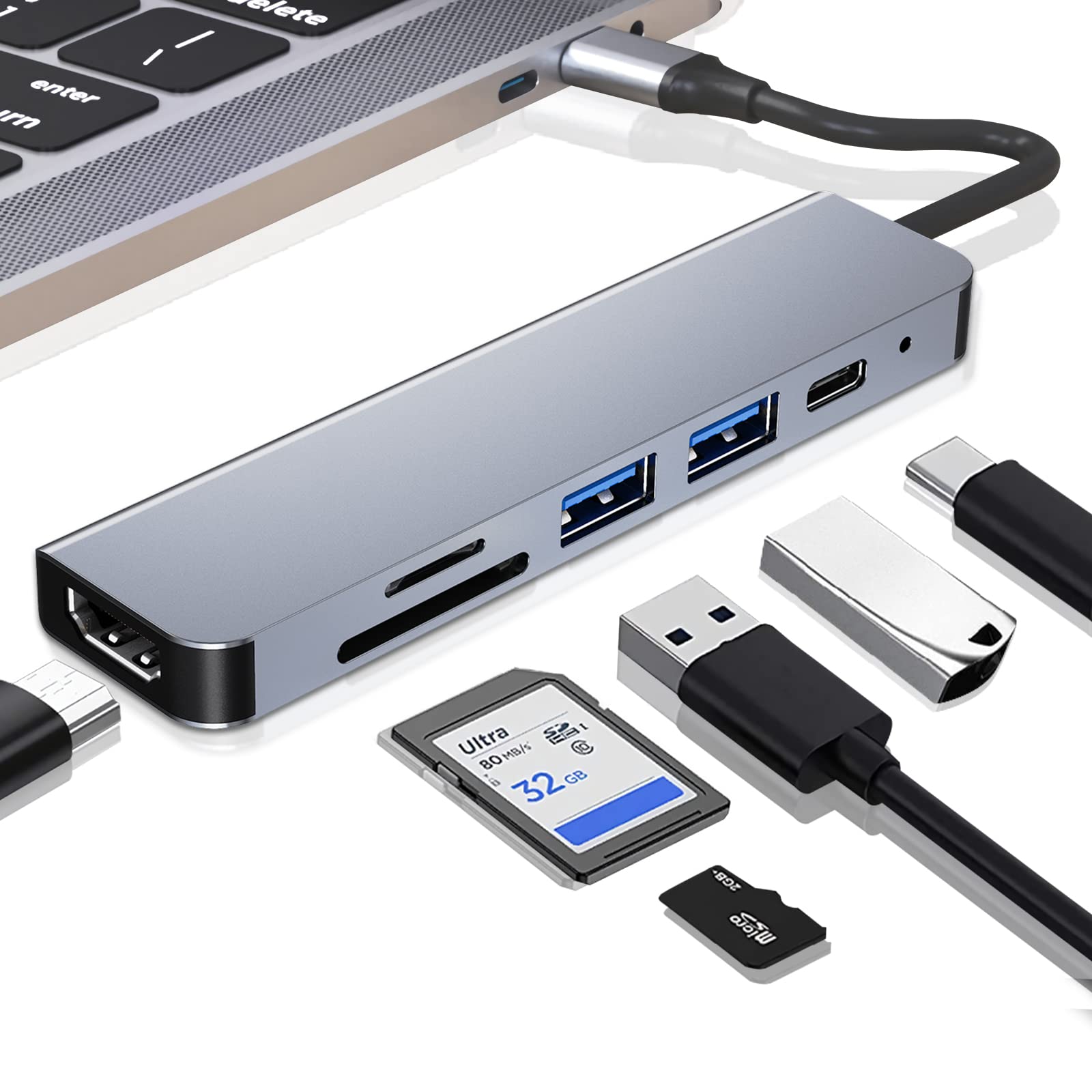 USB C HUB, 6 in 1 USB C Adapter, USB HUB with 4K HDMI, USB 3.0, SD/TF Card Reader, 100W PD, Compatible with Macbook Pro & Air Laptop and Other Type-C Devices