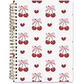 ISANOU Cute Cherry Bow Notebook,Coquette Red Cherry Lined Spiral Notebook Hardcover,College Ruled Notebook,Office School Journal Notebook for Work,5.5x8.3 Inch 80 Pages,Gifts for Women Teen Girl