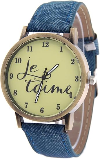 Amazon フランス語i Love Youファッションパターンromantic Coupleクォーツ時計腕時計キャンバスバンド ブルー レディース腕時計 腕時計 通販
