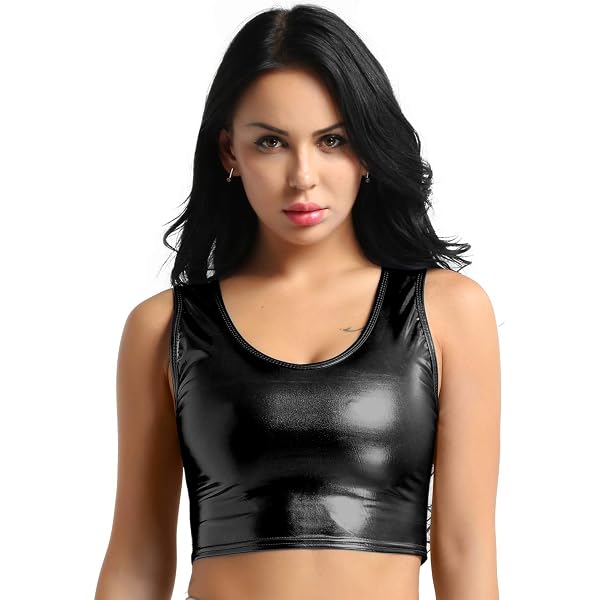Women's Metallic Shiny Crop Top - Long Sleeve High Neck Clubwear, Stretch Polyester Spandex, Black Small - View #5
