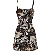 WDIRARA Women's Summer Boho Patchwork Print Spaghetti Strap Flared Short Cami Dress