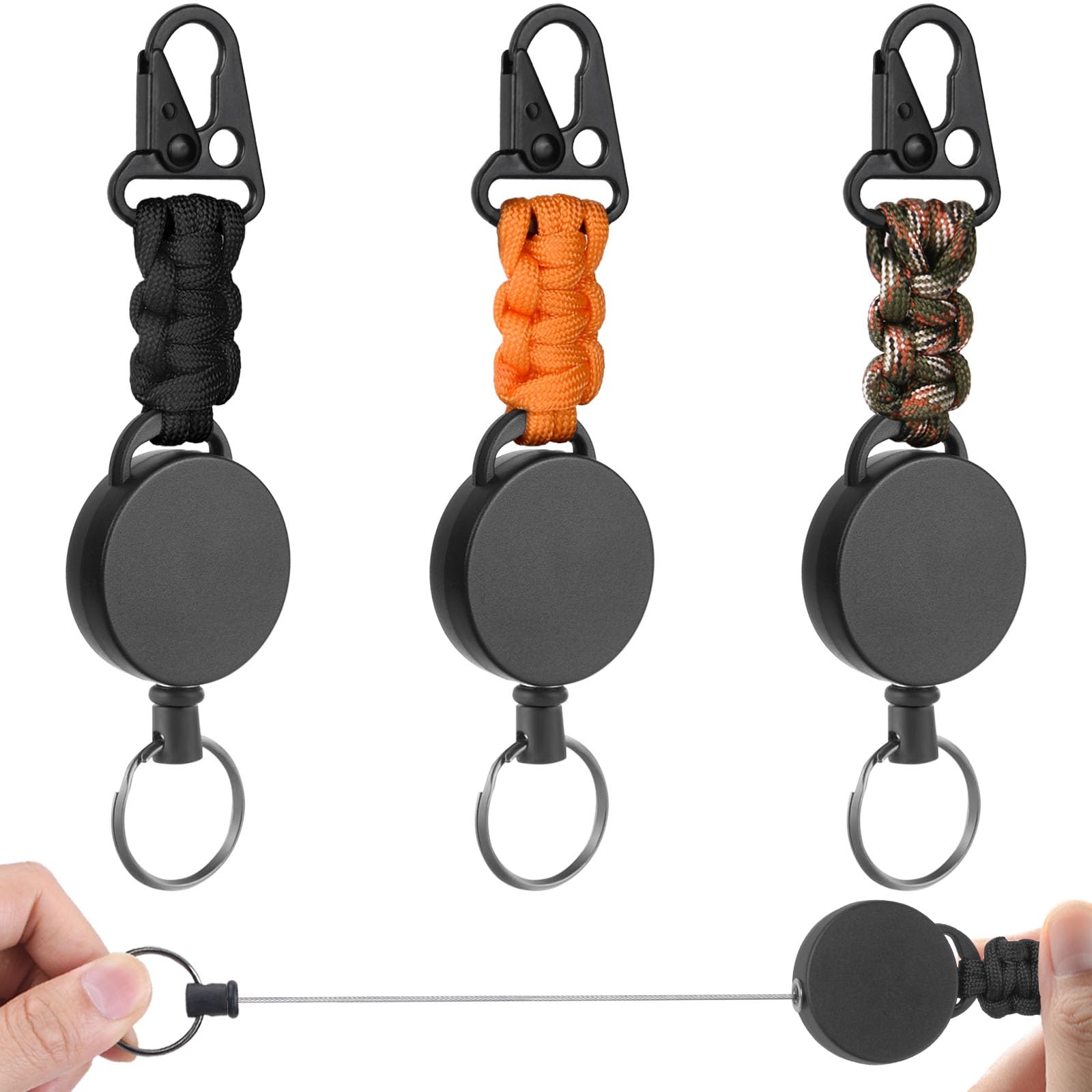 Vicloon Retractable Badge Reel, 3Pcs Retractable Keyring, Heavy Duty Carabiner Keychain Reel Clips Extendable Key Chain with 60cm Extendable Steel Wire for ID Card Holder (Olecranon Buckle)