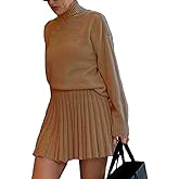 Mandonce Skirt Sets Women 2 Piece Outfits Turtleneck Oversized Sweater Sweatshirt and Pleated Mini Skirt Athleisure Set