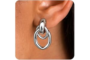 FIBO STEEL 14K Gold Plated Clip On Earrings for Women - Geometric Statement Non Pierced Earring Chunky Knot Link Colorful Dangle Clip Earrings Trendy Jewelry Gift