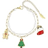 LETFLY Christmas Bracelets for Women, 18K Gold Plated Santa Claus Snowman Christmas Tree Bell Stocking Charms, Stackable Beaded Bracelet Jewelry Gifts for Women