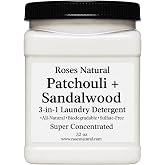 Patchouli + Sandalwood 3-in-1 Super Concentrated Laundry Detergent, 32 OZ, HE Compatible, Stain Remover, Softener, Essential Oils Scented, All-Natural, Sulfate-Free, Made in the USA.