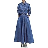 chouyatou Women's Long Sleeve Denim Shirt Dress Button Down Lapel Business Casual Maxi Long Jean Dress