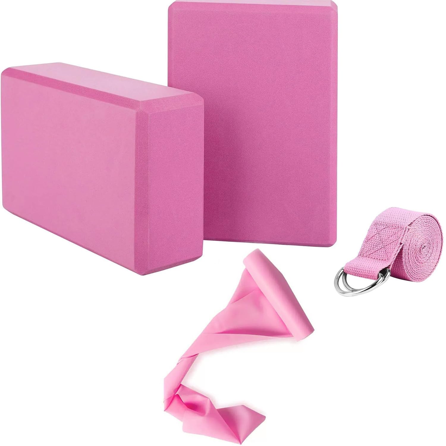 Yoga Blocks Set of 2 with Strap and Elastic Resistance Band EVA Foam Soft and Sturdy Non-Slip Lightweight Yoga Bricks for Balance, Stretching, Pilates, Meditation, and Deep Flexible Poses