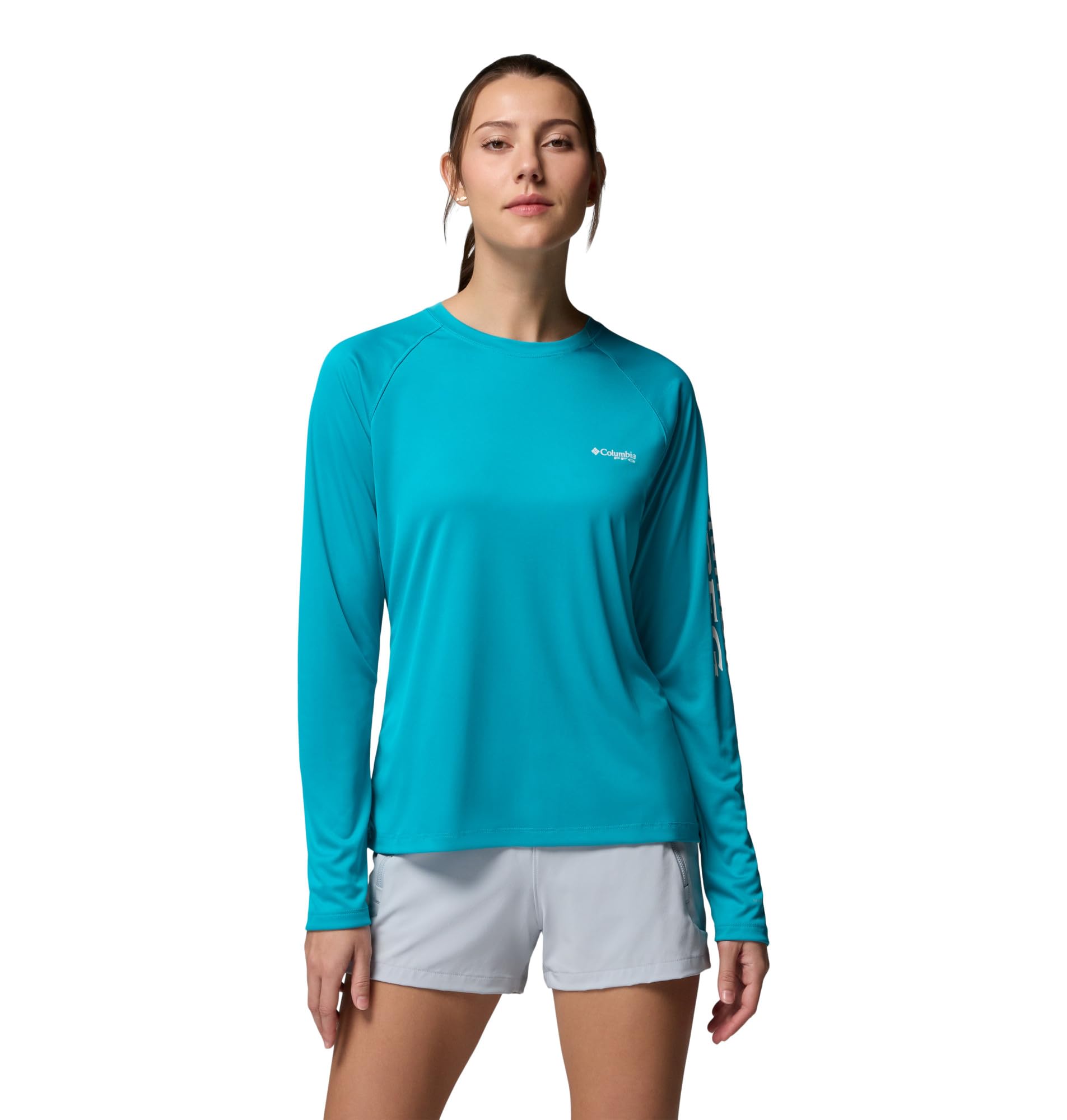 Columbia Women's PFG Tidal Tee II Long Sleeve Sun Protection Shirt, Ocean Teal/White Logo, X-Large Image
