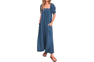 KIRUNDO Women 2026 Summer Maxi Dress Casual Loose Puff Sleeve Square Neck Maternity Flowy Long Beach Dresses with Pockets