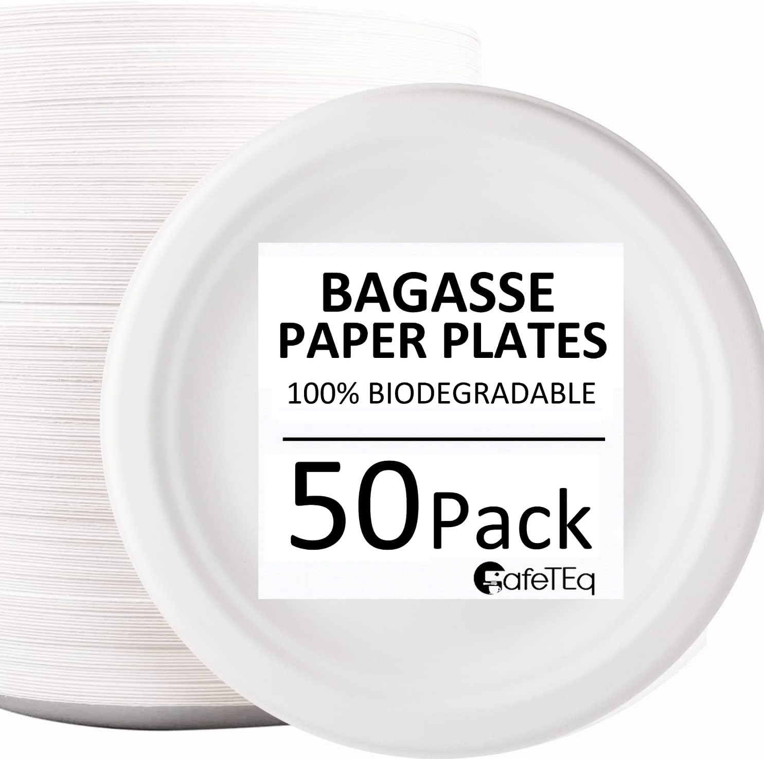 CafeTEq 9 Inch Bagasse Heavy-Duty White Round Plates Super Rigid Disposable Eco Plate 100% Biodegradable & Compostable Perfect for Parties (9" Plates x 50 Pack) — image 1