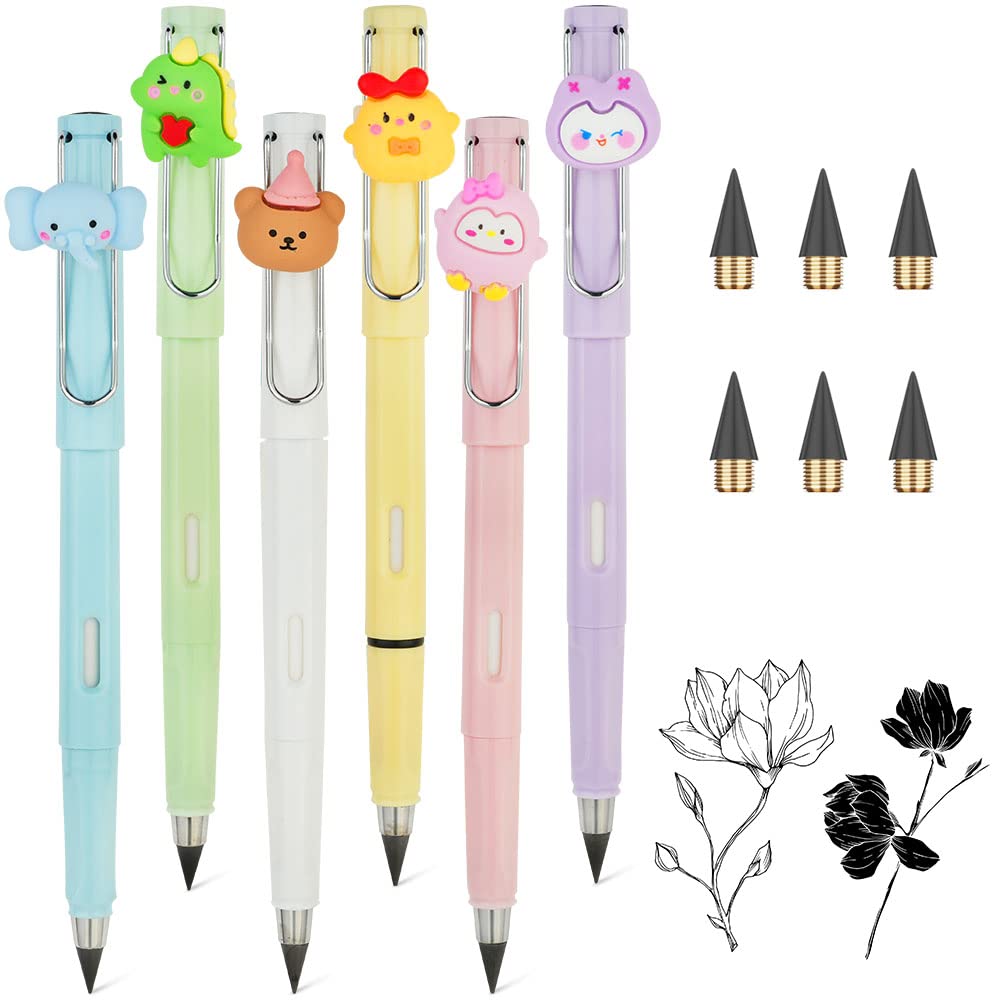 AUAUY 6PCS Everlasting Infinity Pencil with Cartoon Animal, Portable Reusable Erasable Inkless Pencil and 6pcs Replacement Nib for Writing, Drawing, Students, Home Office, School Supplies — image 1