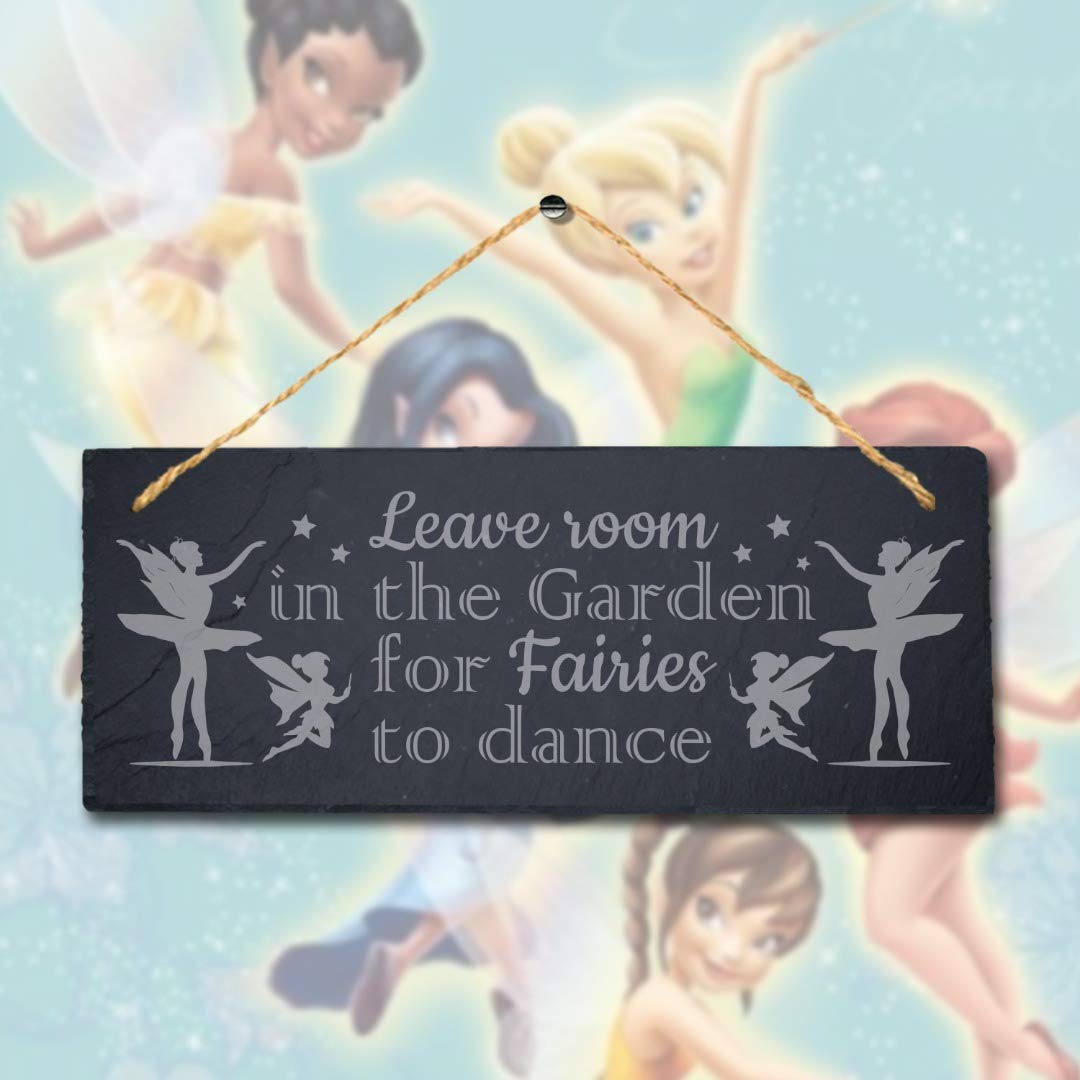 Stukk Fairies Meeting Place Hanging Sign Gift Home Outdoor (Leave Room in Garden), Natural Engraved Slate Stone Plaque, 30x12cm (Large)