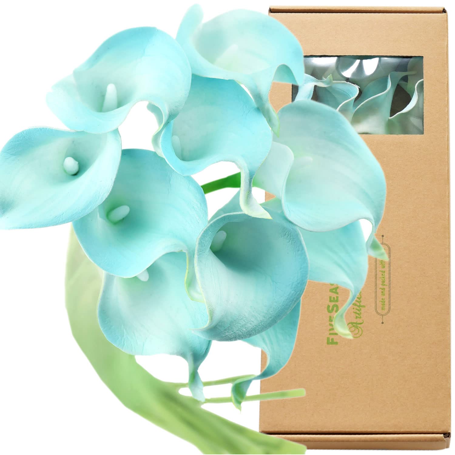 FiveSeasonStuff Aqua Blue Artificial Calla Lily Stems, Set of 10 Soft‑Touch PU Flowers, 36 cm for Home Interiors and Display Styling