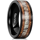 King Will 8mm Black Titanium Ring Sapele Wood Antlers Inlay Wedding Ring High Polished for Women Men Comfort Fit