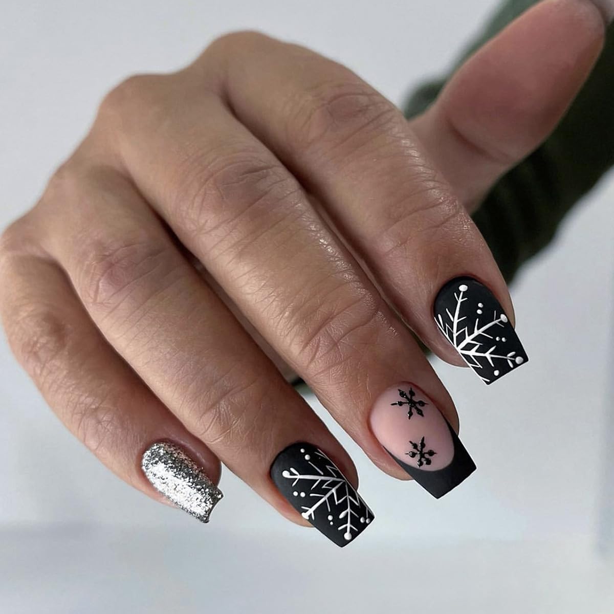 Photo 1 of 24Pcs Christmas Press on Nails Short Black and Sliver French Tips Fake Nails with Sliver Glitter Winter Snowflake Design Glue on Nails Acrylic Christmas Nails Full Cover False Nails for Women Girls