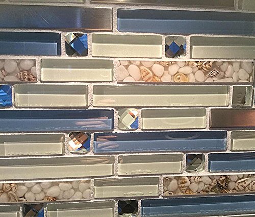 TST Glass Inner Conch Tile Beach Style Blue Cream White Brushed Steel Art Mosaic Kitchen Backsplash Bath Decor TSTNB06 (1 Sample 12x12 Inches) - Thumbnail 5