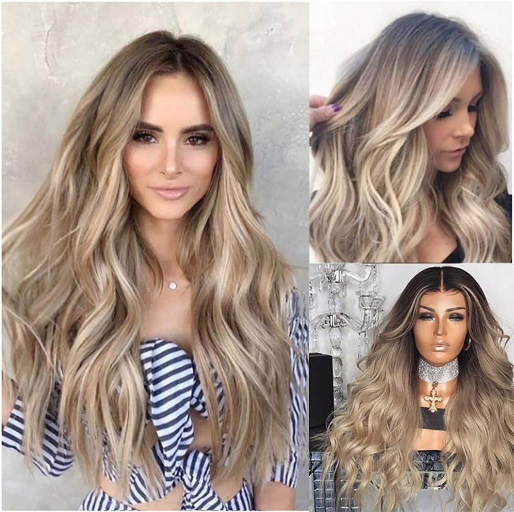 Mondeer Long Blonde Wig High Temperature Wig Body Wave Long Wavy Women Synthetic Wig Blonde Wig Curly Wigs Hair Wig 24 Inch