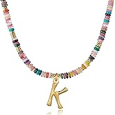 YOUFENG Initial Letter Necklaces for Women Colorful Beaded Gemstone Choker 14K Gold Plated Bamboo Letter Pendant Necklace Natural Stone Handmade Jewelry Gift
