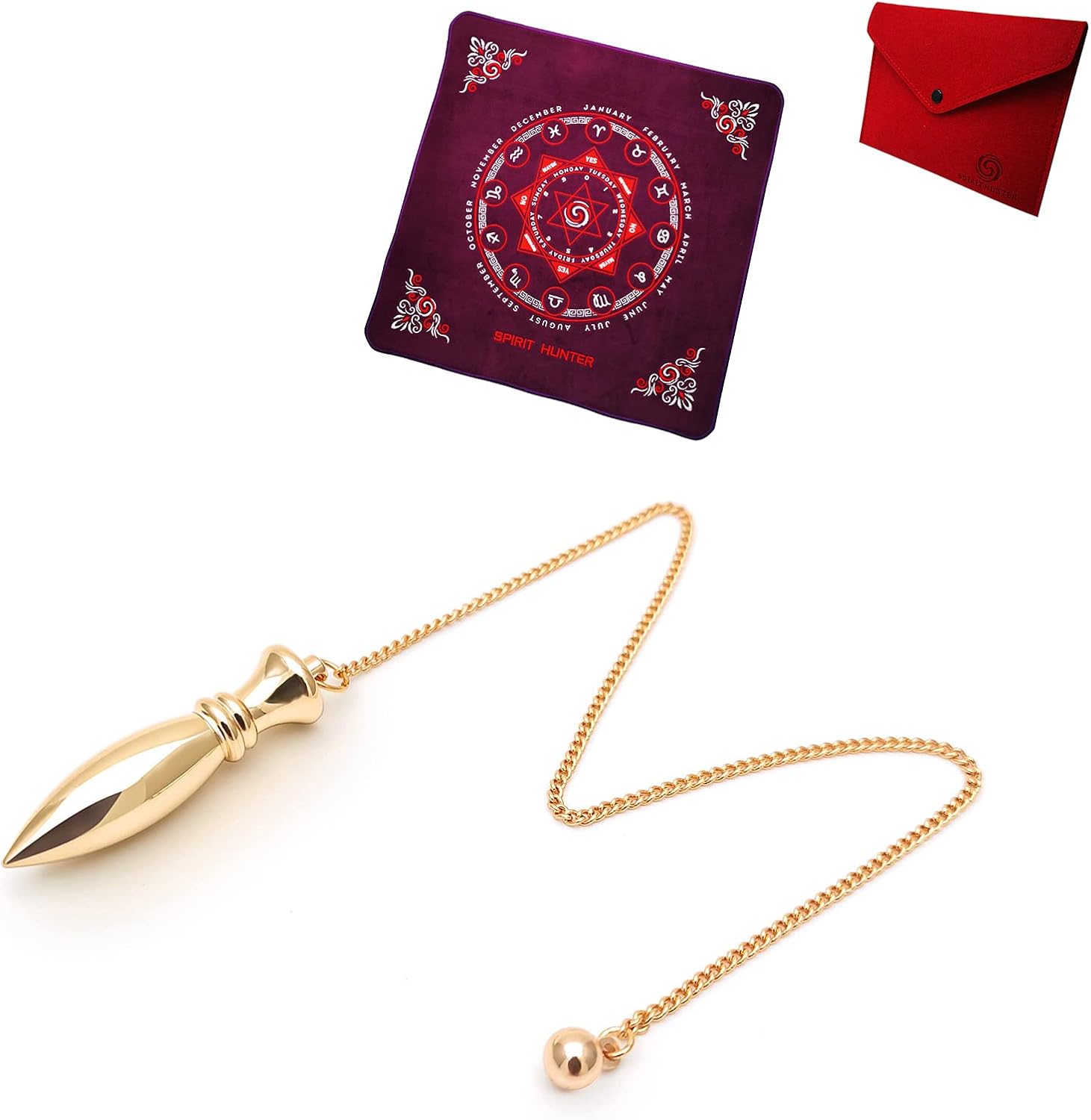 Mixed Media - Spirit Hunter Dowsing Kit - Karnak Brass Pendulum(18K Gold Plated) Plus Embroidered Pendulum Mat for Divination (13.5″X 13.5″) - Portable Bag Included.