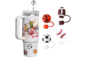 FLEWFUN Basketball Straw Cover Caps, 4 Pcs Silicone Straw Toppers Compatible with Stanley 30&40 Oz Tumbler, 0.4in Dust-Proof Football Drinking Straw Caps, Cute Rugby & Baseball Stanley Straw Covers Caps