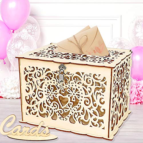 Wedding Card Box, Angela&Alex Wooden Gift Card Holder DIY Hollow Wedding Money Boxes with Lock and Card Sign Cards Hold up 300 Cards for Wedding Reception Anniversary Baby Shower Birthday Party Decora