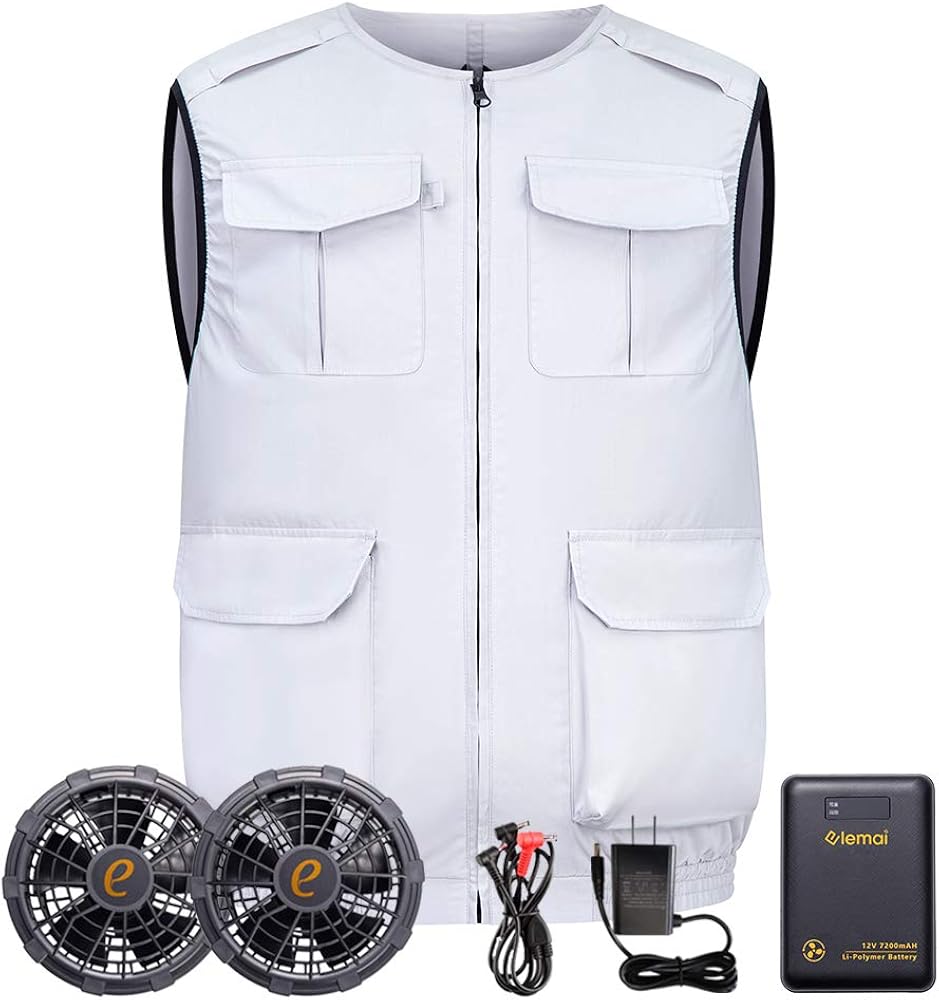 Amazon Co Jp Elemai 空調服ベスト 空調 服 12vハイパワーファンバッテリーセット 熱中症対策 グレー丸首 S 服 ファッション小物