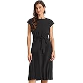Allegra K Women's Pleated Dress Crew Neck Cap Sleeve Tie Waist A-Line Dresses
