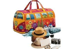Unisex Boho Quilted Weekender Travel Bag, Hippie Van Daisy Peace Sign Duffel Bag, Colorful Tie-Dye Overnight Bag for Travel (
