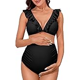 Summer Mae Maternity High Waist Swimsuit Two Piece Ruffle Bikini Bathing Suit Floral V-Neck Pregnancy Swimwear