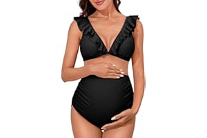Summer Mae Maternity High Waist Swimsuit Two Piece Ruffle Bikini Bathing Suit Floral V-Neck Pregnancy Swimwear