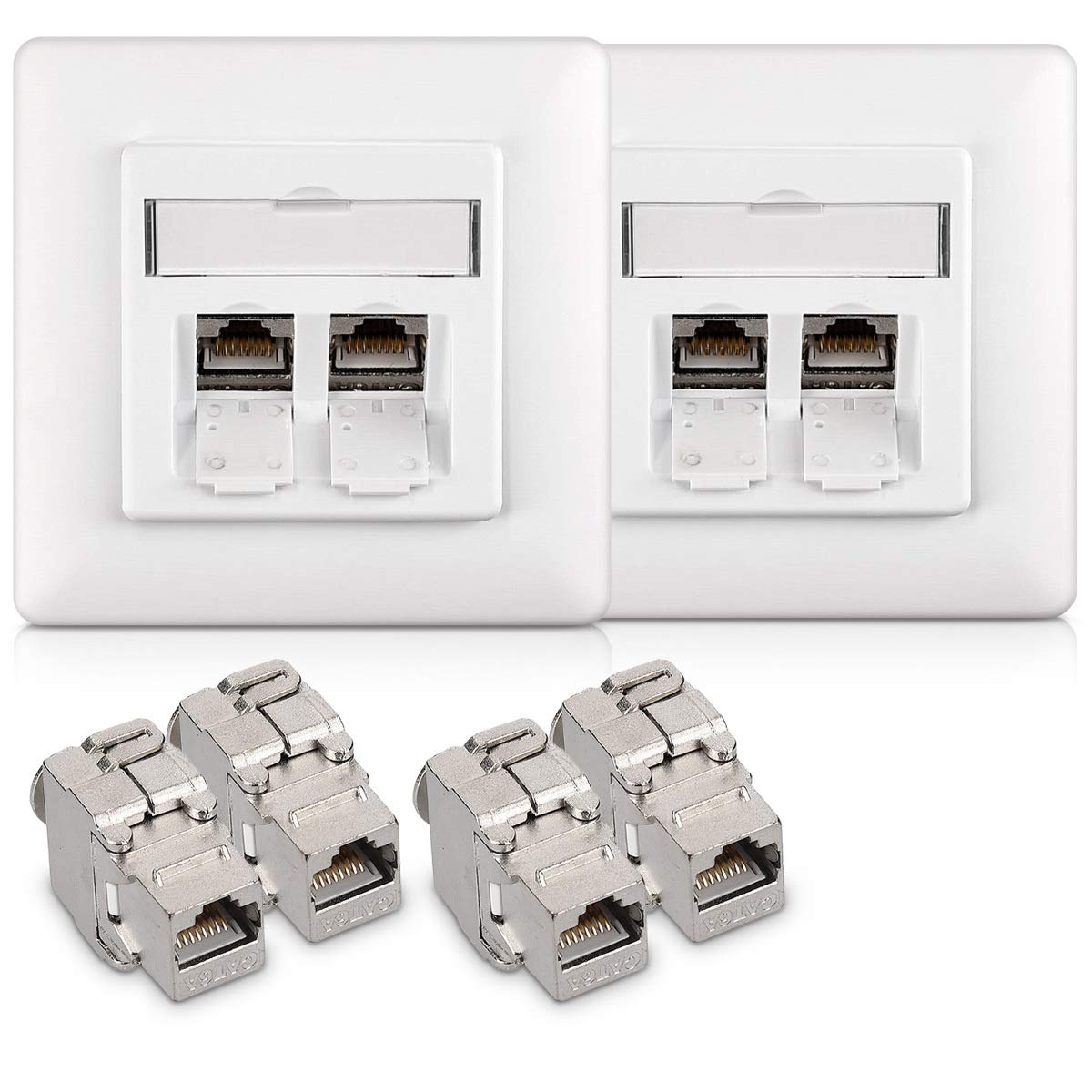 kwmobile Cat6a RJ45 Wall Plate Set - Set of 4x Keystone Jack and 2x 2 Port Ethernet Wall Plate, RJ45 Connector Jacks, Shielded Keystone Jacks