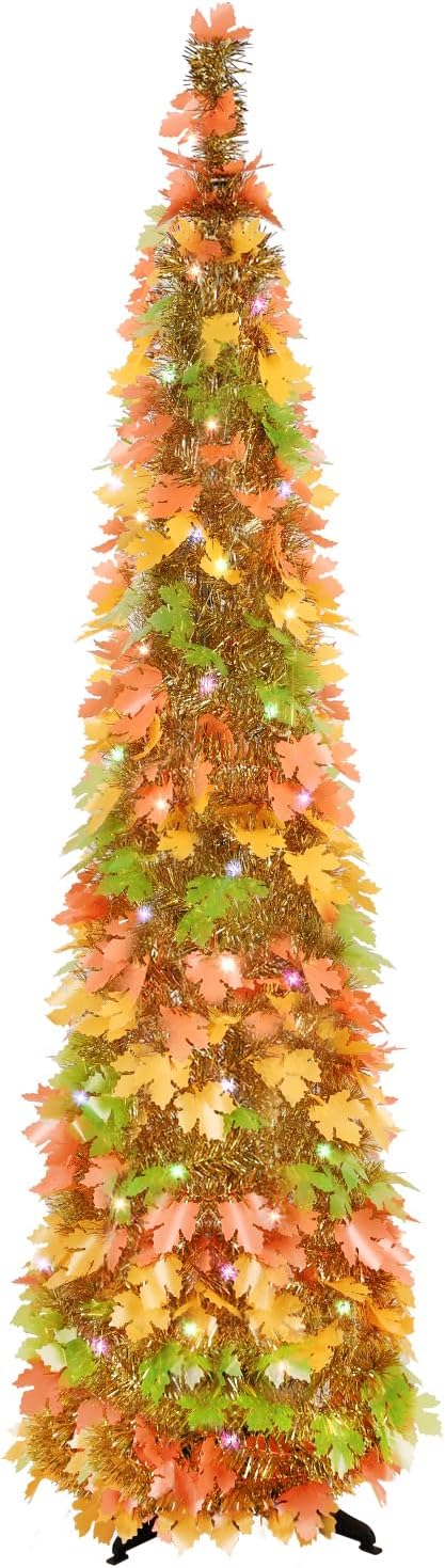 Trees - MACTING 5ft Pop up Fall Tree with Lights Easy-Assembly Tinsel Coastal Glittery Maple Leaf Tree for Porch Home Holiday Thanksgiving Xmas Decorations