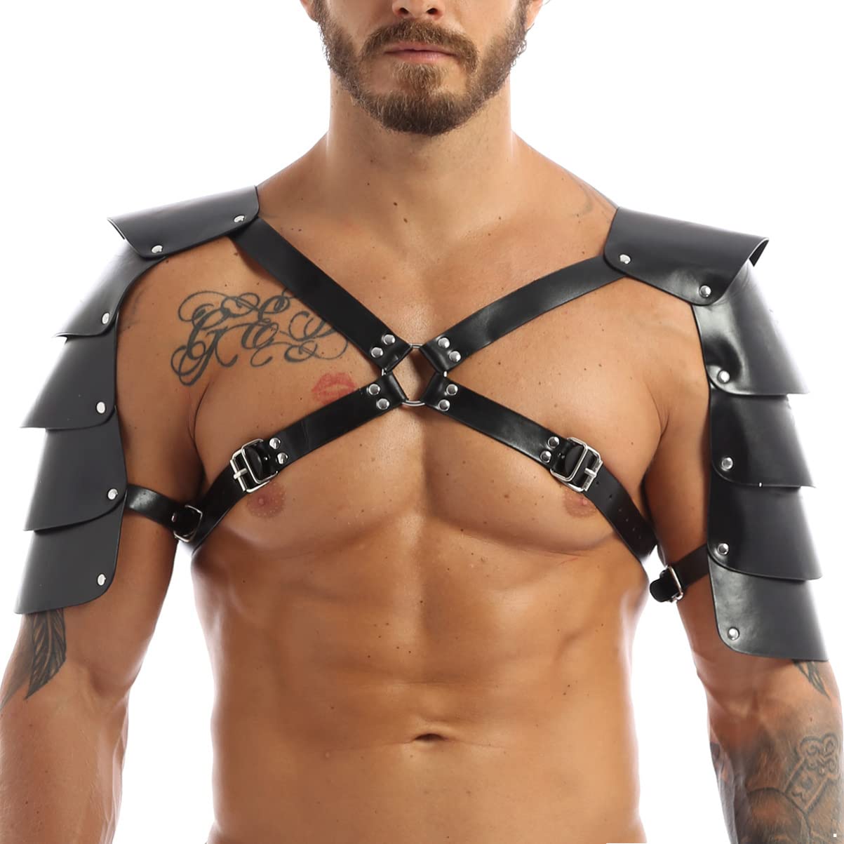 CHICTRY Men Lingerie Faux Leather Adjustable Body Chest Harness Costume with Shoulder Armors Buckles Black One Size