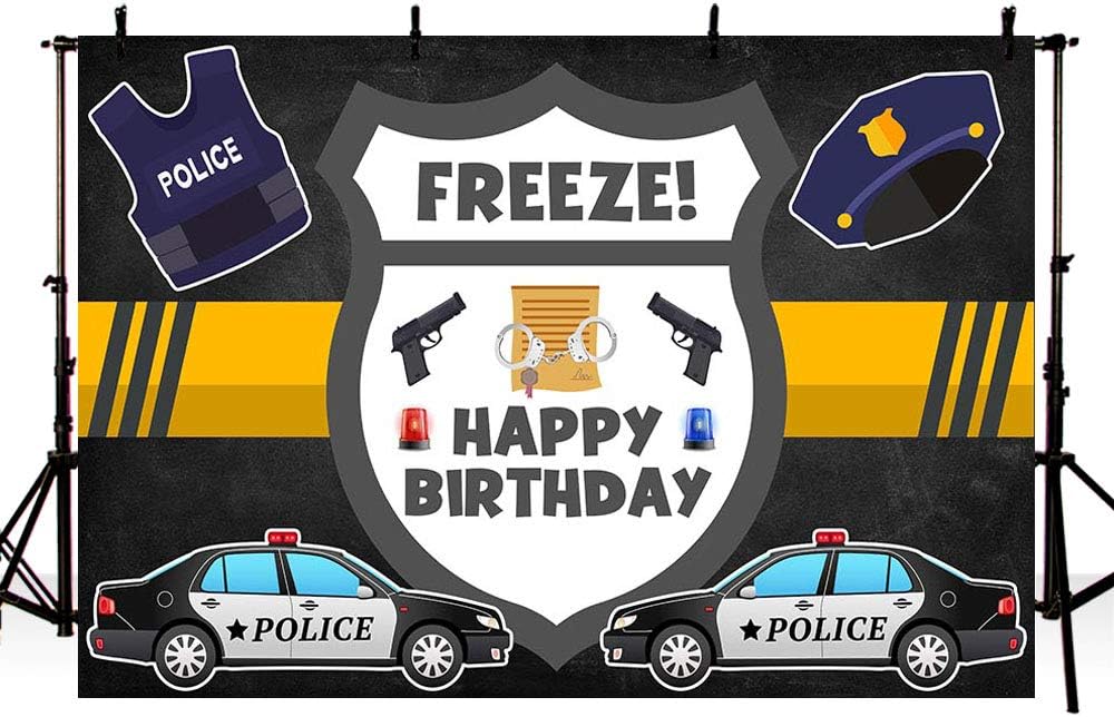Police Themed Birthday Party Backdrop Props Policeman Boy Happy 1st Birthday Black Blue Yellow Police Car Freeze Photography Background Photo Banner for Cake Table Supplies 7x5ft