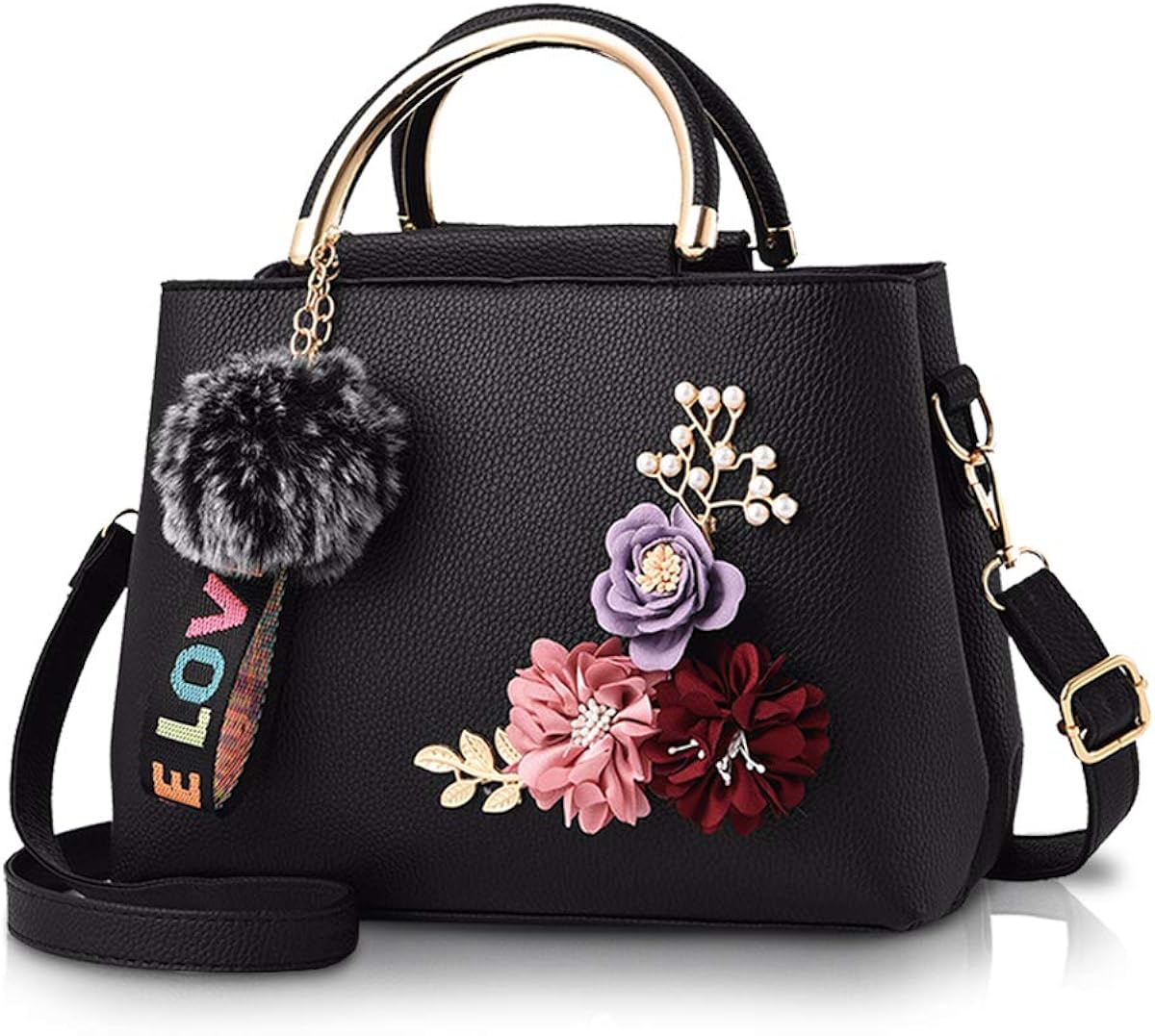 NICOLE & DORIS Women Leather Handbag Shoulder Bags with Flower Vintage Handle Bag Designer Tote Purse with Pompom Black
