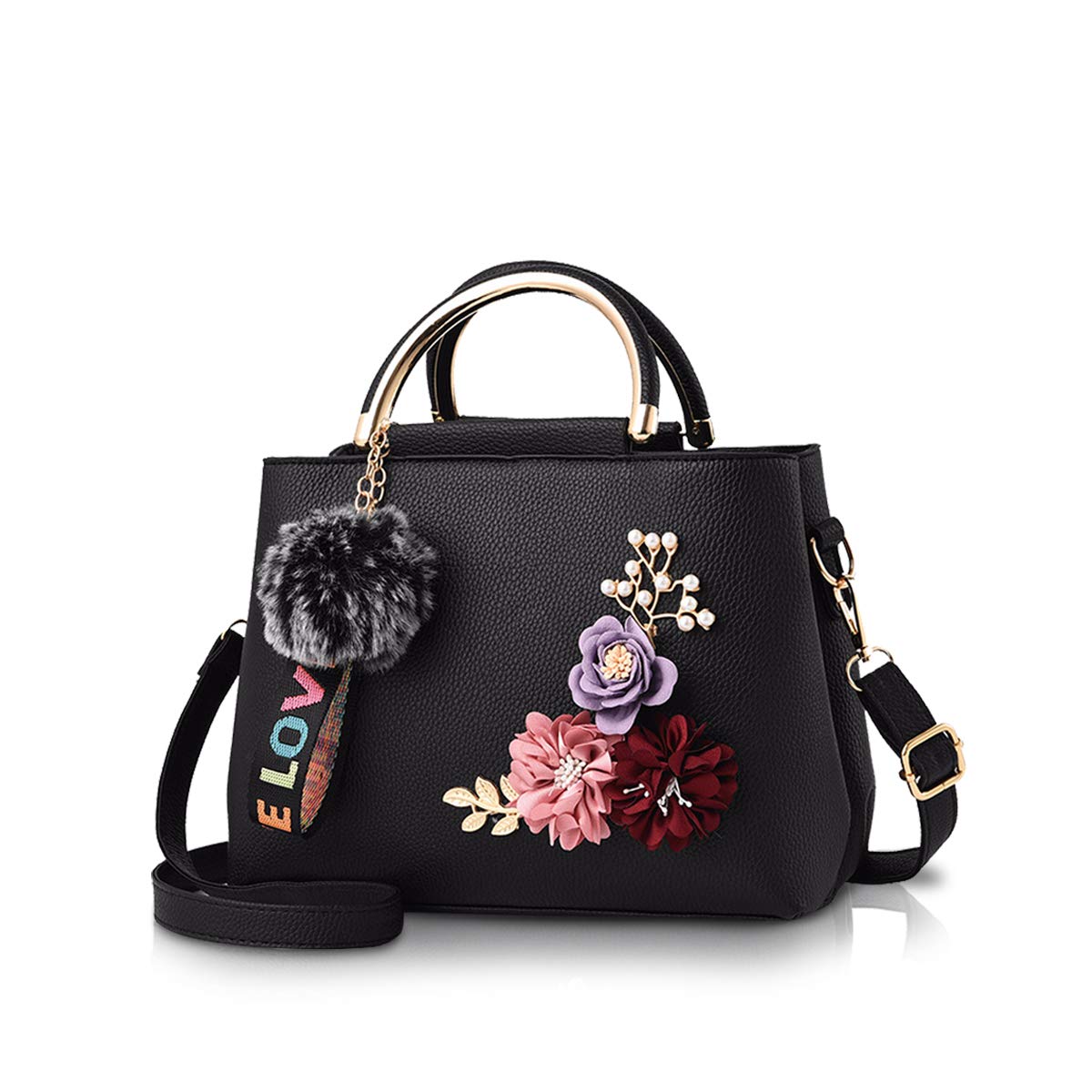 NICOLE & DORIS Women Leather Handbag Shoulder Bags with Flower Vintage Handle Bag Designer Tote Purse with Pompom Black
