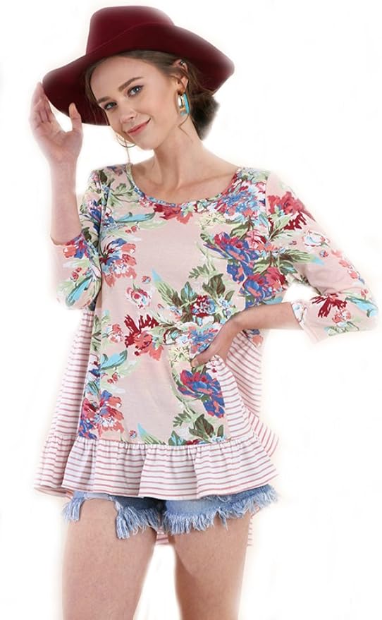 Umgee Floral Print and Striped 3/4 SleeveTop with A Ruffled Hem (Small