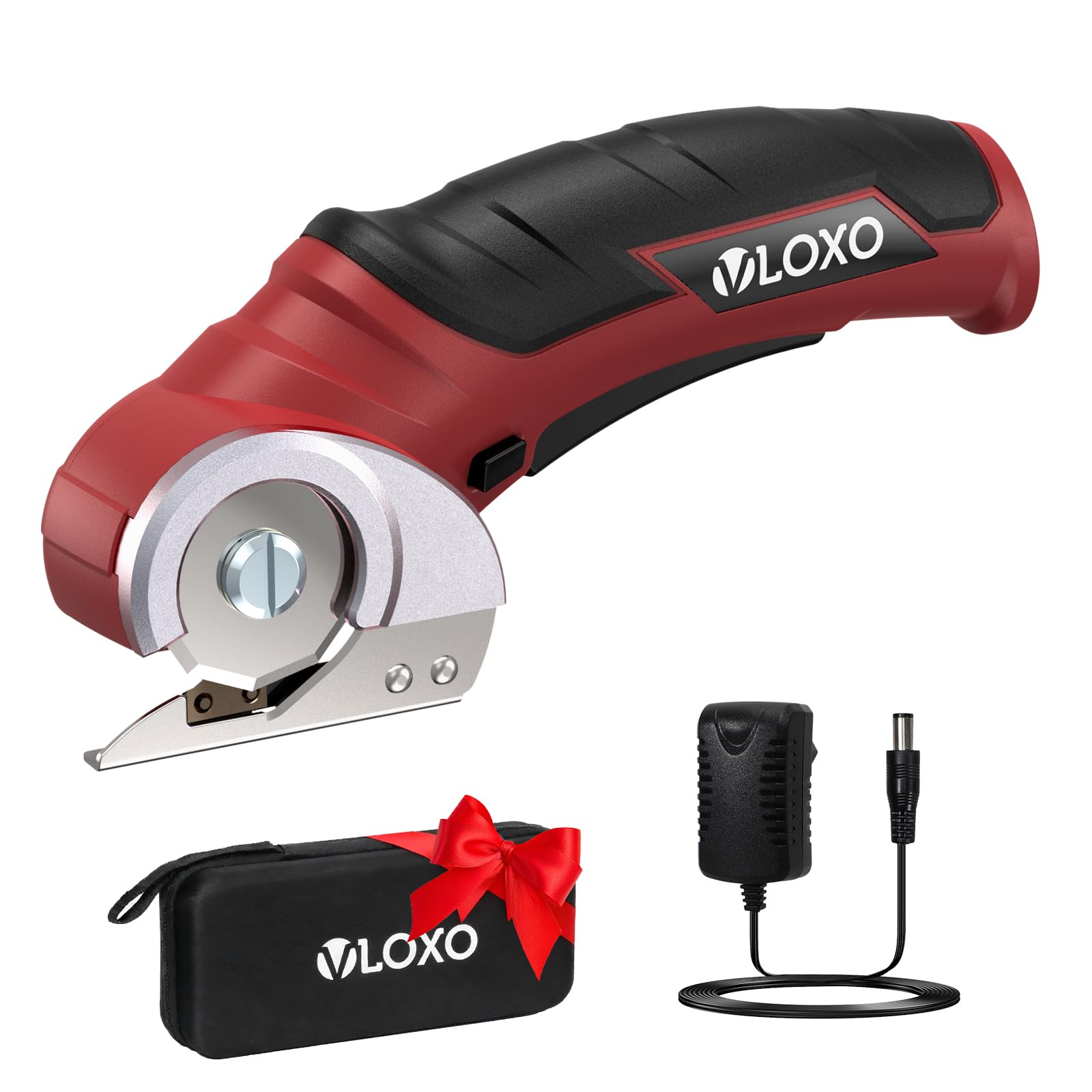 Photo 1 of ***MISSING PART -SELLING AS IS*** VLOXO Cordless Electric Scissors, Electric Box Cutter 4V Power Rotary Scissors Rechargeable Cardboard Cutter with Safety Lock Multi-Cutting Tools for Leather Carpet Canvas (Red)
