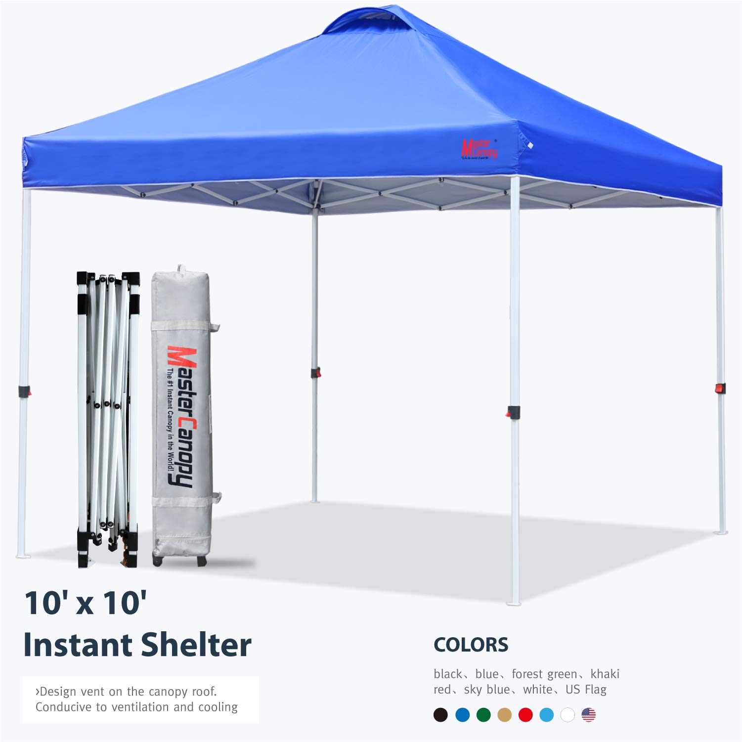 mastercanopy pop-up canopy tent commercial instant canopy with wheeled bag,canopy sandbags x4,tent stakesx4(10'x10' blue)