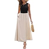 Zattcas Women's Summer Casual Sleeveless Patchwork Knit Crew Neck Tank Top Flowy Long Maxi Dresses with Pockets