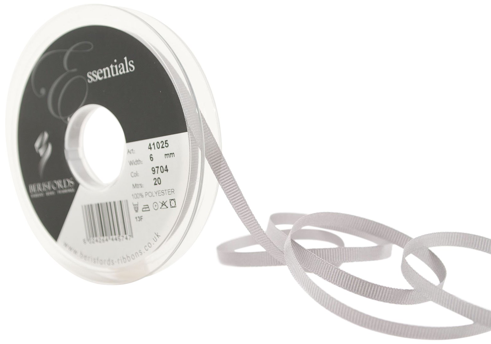 Berisfords 41025 20 m x 6 mm Polyester Grosgrain Ribbon, Grey โ image 1