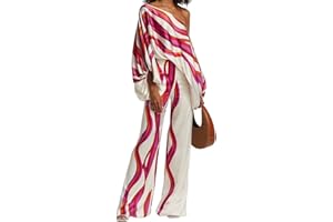 REASERAL Womens Fall Loose 2 Piece Outfits Off Shoulder Printed Long Sleeve Casual Going Out Wide Leg Pants Set