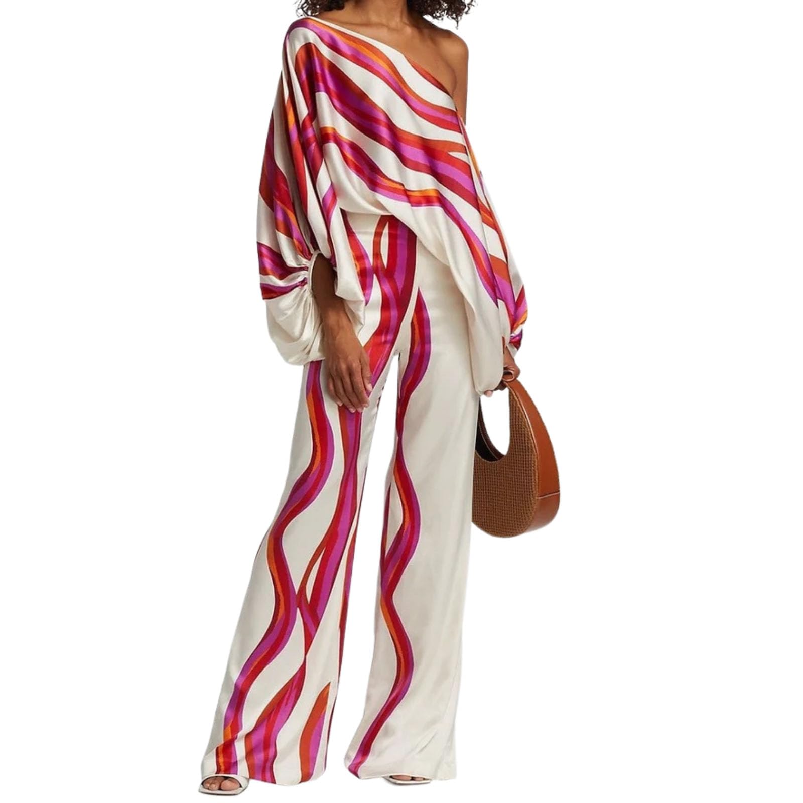 Photo 1 of REASERAL Womens Fall Loose 2 Piece Outfits Off Shoulder Printed Long Sleeve Casual Going Out Wide Leg Pants Set LG