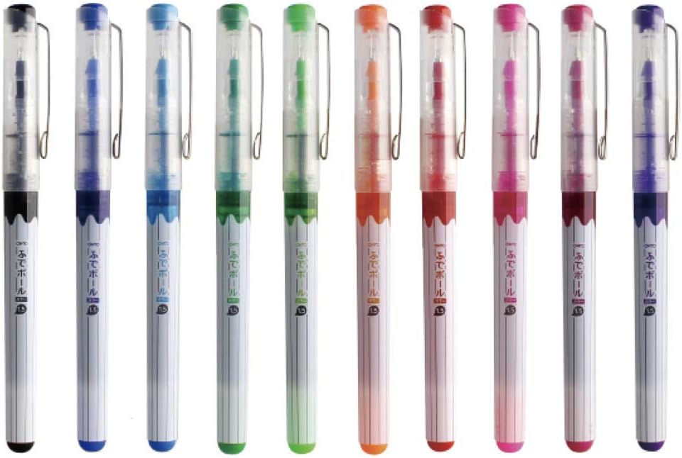 Ohto Fude Ball Rollerball Pen - Color Series - 1.5 mm - 10 Color with Original Plastic Transparet Pen Case