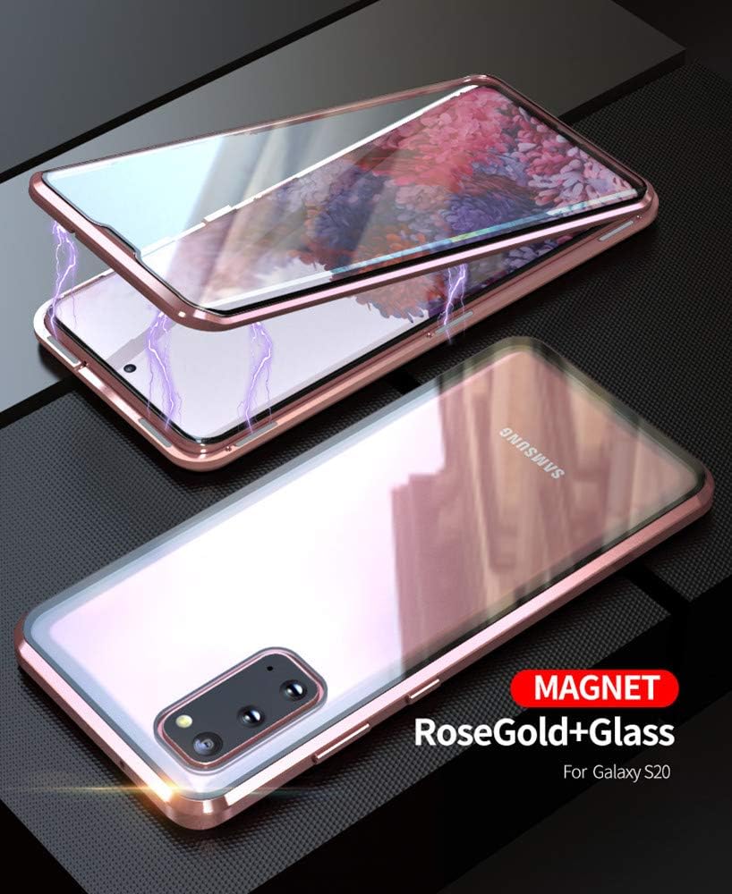 Galaxy S20 5G Double Sided Tempered Glass Magnetic Case 360° Full Body [Magnetic Adsorption] Aluminium Alloy Metal Bumper Protection Clear Cover for galaxy s20 6.2 inch 2020 (RoseGold, Galaxy S20)