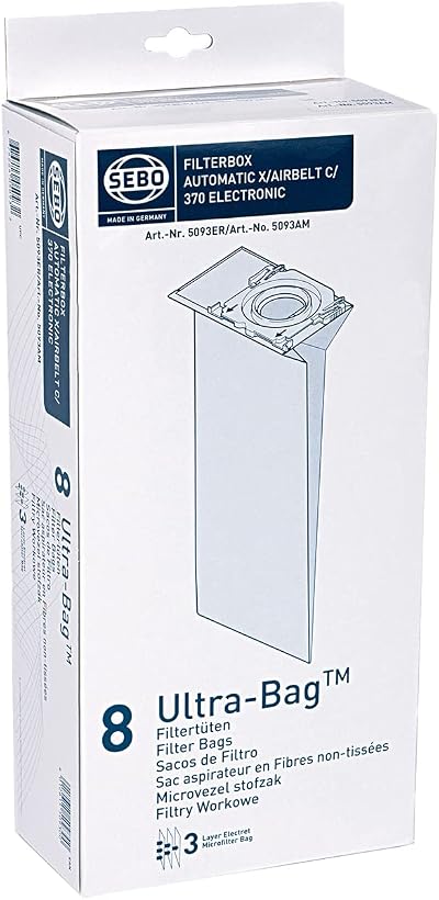 SEBO 5093ER Electrostatic Fleece Bags Pack of 8 for Upright Vacuum Cleaners