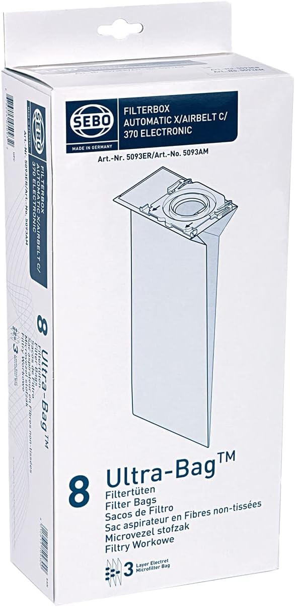 SEBO 5093ER Electrostatic Fleece Bags Pack of 8 for Upright Vacuum Cleaners